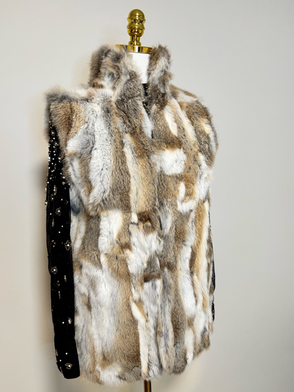 Adrienne Landau Genuine Rabbit Fur Patchwork Long Vest Natural Brown Gray